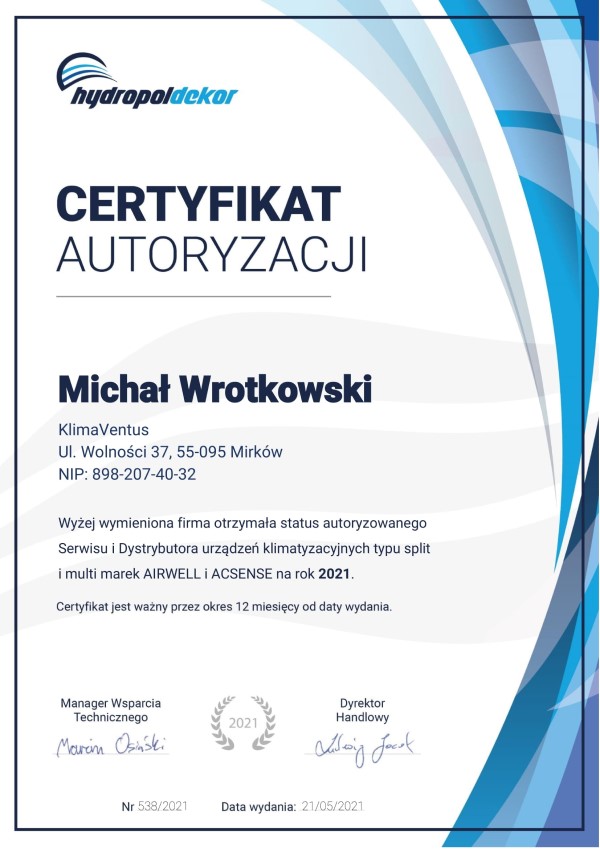 Certyfikat Airwell klimatyzacja wrocław